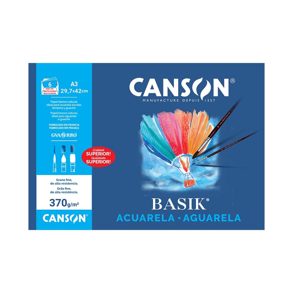 Papel Aguarela A3 370gr Canson Basik Minipack 6Fls
