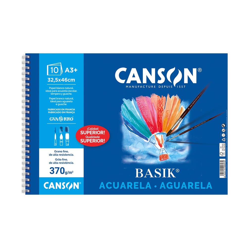 Bloco Espiralado Canson Basik Aguarela A3+ 370g 10Fls