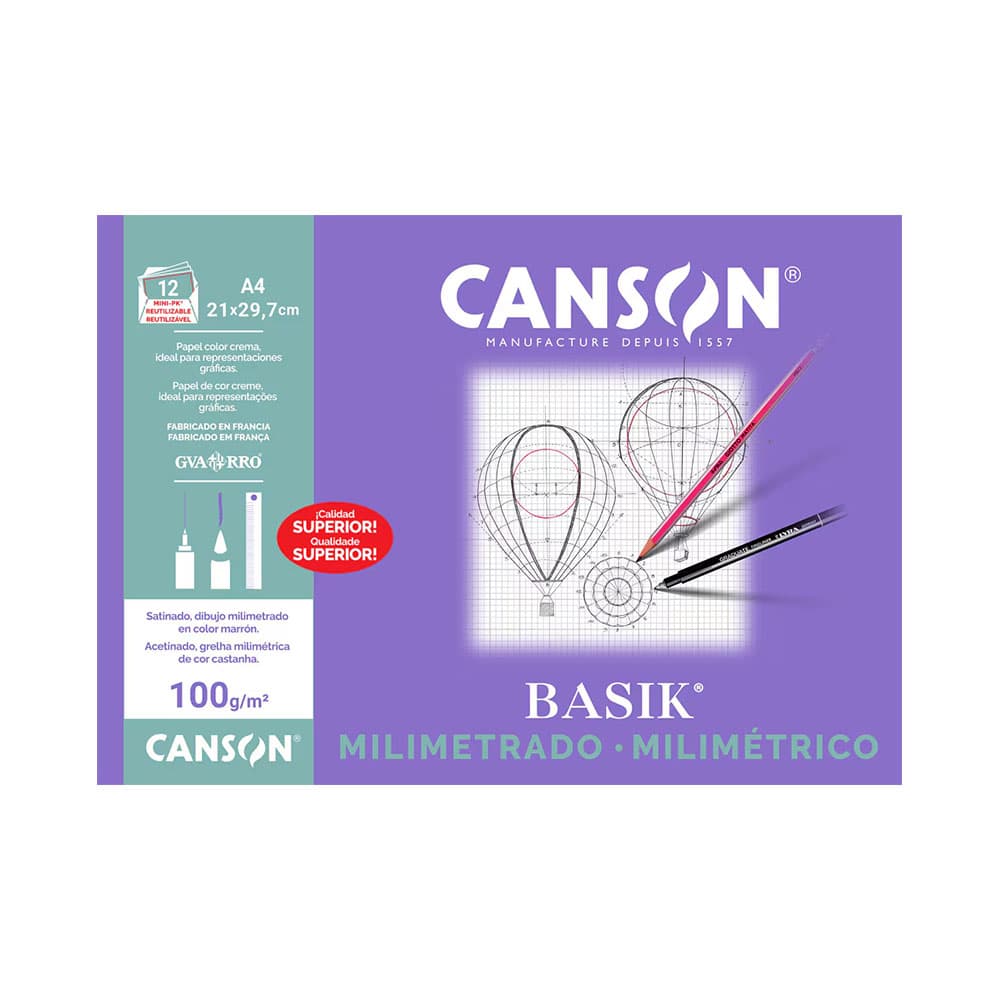 Papel Milimetrico 100gr A4 Canson Basik Minipack 12Fls